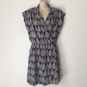 Maison Jules Blue Leaf Print Faux Wrap Dress